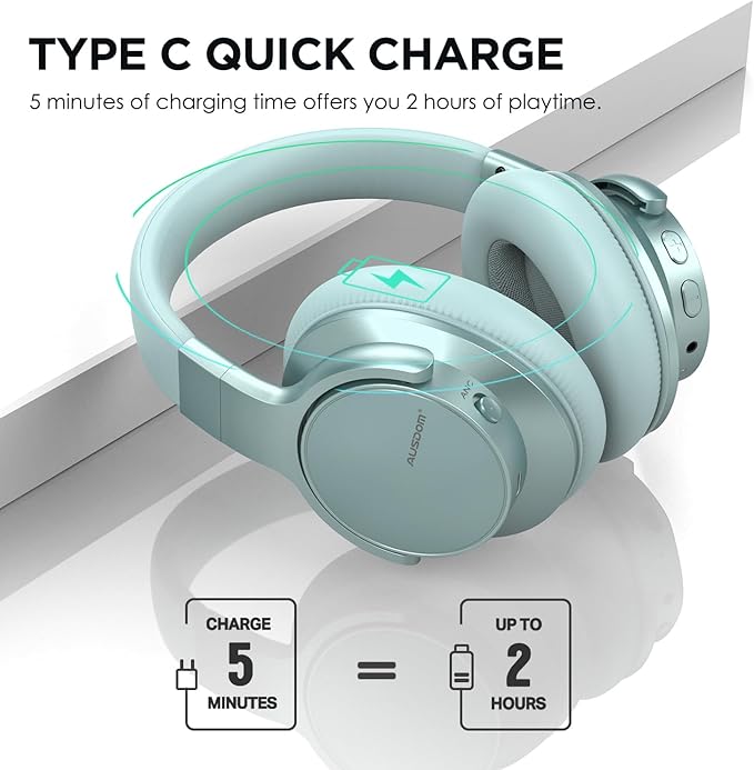 AUSDOM Wireless Headphones Noise Cancelling: Bluetooth Over Ear ANC Headphones with 50H Playtime, Microphone, Deep Bass, Hi-Fi Sound, Comfortable Ear Cushions for Travel Work, Mint Green