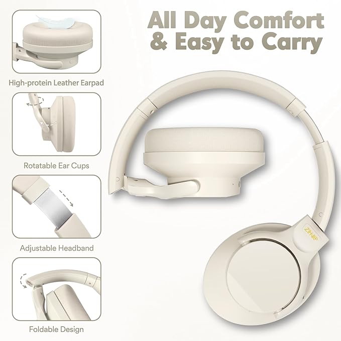 ZIHNIC Active Noise Cancelling Headphones, 60H Playtime Wireless Bluetooth Headset Low Latency-Milky White