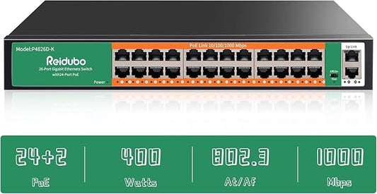 24 Port Gigabit PoE Switch with 2 Uplink Gigabit Ethernet Ports, 400W, Unmanaged,19-inch Rackmount, VLAN, 802.3af/at, Fanless Silent Operation, Compatible with AP WiFi6, PoE Cameras