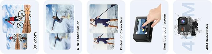 4K60FPS Action Camera Touchscreen, 40M Waterproof Underwater Camera with 64G SD Card, 6-Axis Stabilization Motorcycle Camera 8X Zoom with 2.4G Remote Control 2 * 1350 mAh Batteries