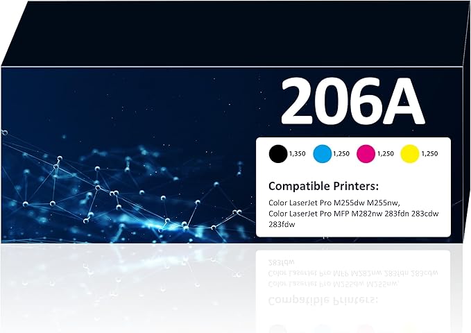 206A Toner Cartridges 4 Pack M283fdw M283cdw Toner Compatible for HP 206A 206X Set for HP Color Laserjet Pro M255dw M255nw MFP M283fdw M283cdw M282nw M283fdn Printer(Black/Cyan/Yellow/Magenta)