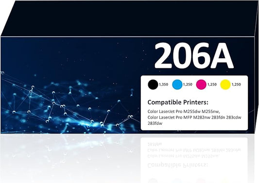206A Toner Cartridges 4 Pack M283fdw M283cdw Toner Compatible for HP 206A 206X Set for HP Color Laserjet Pro M255dw M255nw MFP M283fdw M283cdw M282nw M283fdn Printer(Black/Cyan/Yellow/Magenta)