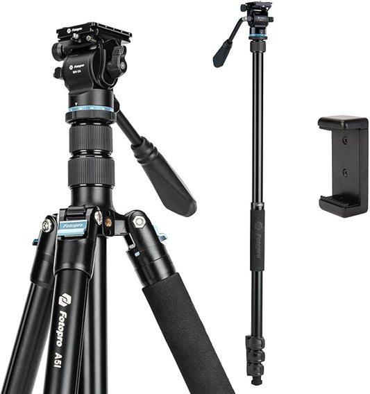 Fotopro 73'' Camera Tripod, Foldable Aluminum Tripod/Monopod, Detachable Fluid Head with Quick Release Plate, Lightweight Tripod for Camera, Phone, A4I A5I Video (Blue, 80 Inch)