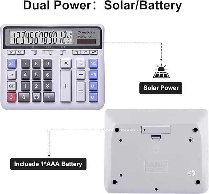 Comix Desktop Calculator Solar Battery Dual Power with 12-Digit Large LCD Display and Large Computer Keys Standard Function Calculator for Home Office School, White