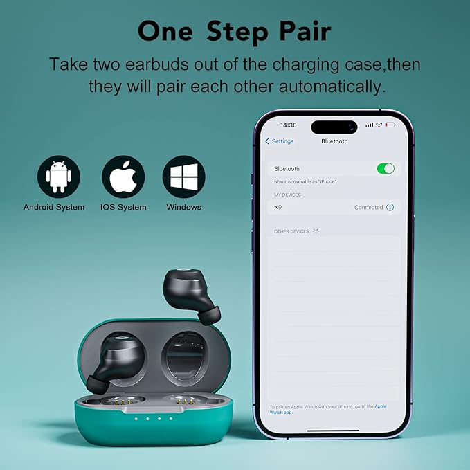 X9 Wireless Earbuds Bluetooth 5.3 Headphones Waterproof Stereo Earphones in Ear Touch Control with Microphone Headset with Deep Bass for Sport, Gaming and Running (Green-Gray)