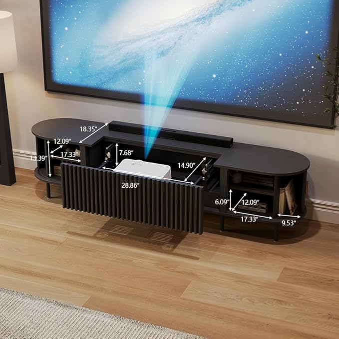 86" Ultra Short Throw Projector Cabinet, Mid-Century Modern Electric TV Stand with Power Featuring Drawer, Linkage Memory Function, Ample Storage Space, and Pet Friendly, Black