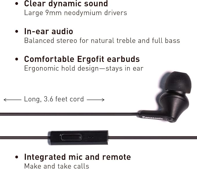 Panasonic ErgoFit Wired Earbuds With Microphone, 3.5mm Jack Wired Headphones with Mic and Call Controller, Ergonomic Custom-Fit Earpieces (S/M/L), for Phones and Laptops - RP-TCM125-KA (Matte Black)