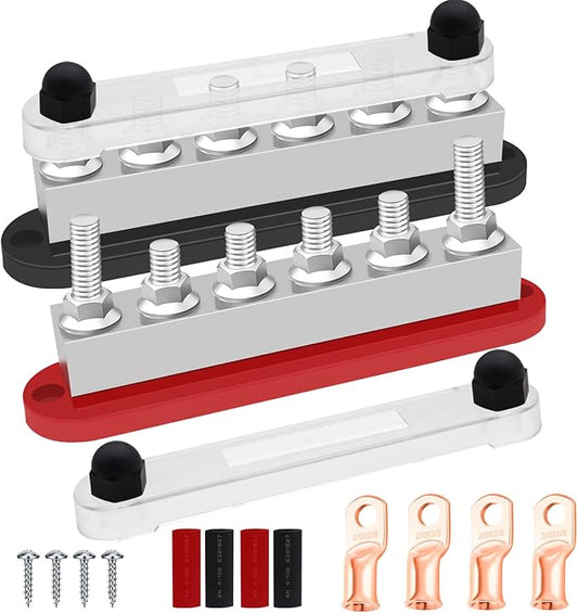 650A 12V-48V Bus Bar Marine Power Distribution Block with Cover with 6 x 3/8”Post,Battery Bus Bar (Pair,Red & Black),Automotive Busbars 12 Volt for Car Boat Solar Wiring