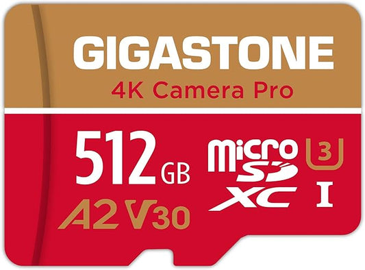 [5-Yrs Free Data Recovery] GIGASTONE 512GB Micro SD Card, 4K Camera Pro, A2 V30 for Smartphone, Gopro, Action Cams, 4K UHD Video Recording, R/W up to 150/120 MB/s, UHS-I U3 C10 Class 10 with Adapter