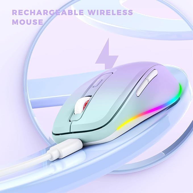 Wireless Mouse Jiggler - LED Wireless Mice with Build-in Mouse Mover, Rechargeable Moving Mouse for Laptop with Undetectable Random Movement Keeps Computers Awake - Purple to Green