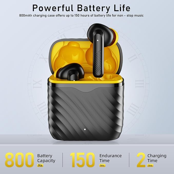 Wireless Earbuds, Ear Buds with Big Bass Stereo Sound, Lightweight Bluetooth Earbuds with 60 Hours Playtime (Yellow)