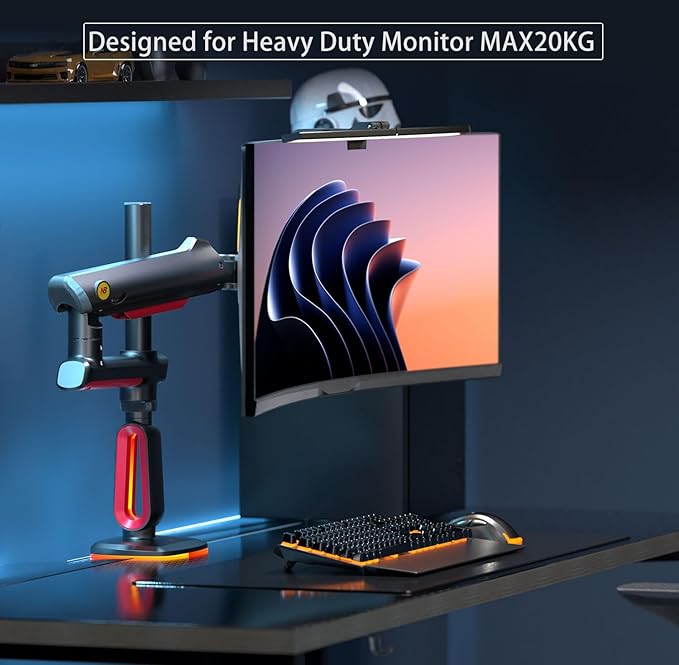 NB Extra Height Gaming Monitor Arm for 32 to 60 Inches Screen, Load up to 20 kg, VESA 75/100, RGB-Light, Heavy Duty, Multi Angle Adjustable, Premium Aluminum, Long Arm Extension Red