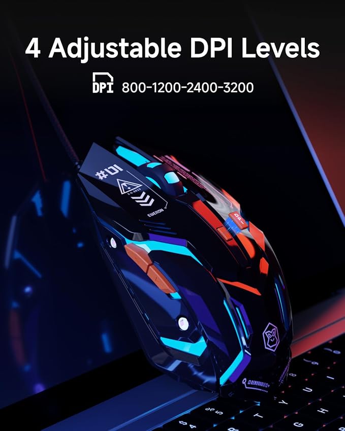 EWEADN G10 Wired Gaming Mouse, Computer Mouse with RGB Backlit, 3200 DPI Adjustable, Quiet Clicks, Ergonomic Mouses with 6 Buttons and 4.2FT Cord, USB Mouse for PC/Win/Laptop, Black