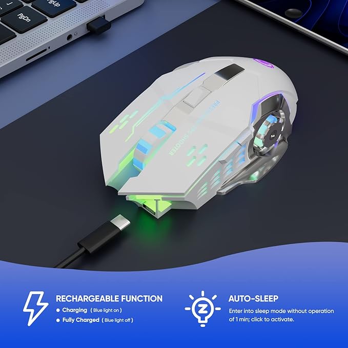 Wireless Gaming Mouse Bluetooth Mouse RGB Rechargeable 2.4G USB Cordless Computer Mice with 7 Color Backlit, 6 Buttons & Silent Click for Laptop, iPad, Mac OS, PC, Windows -White