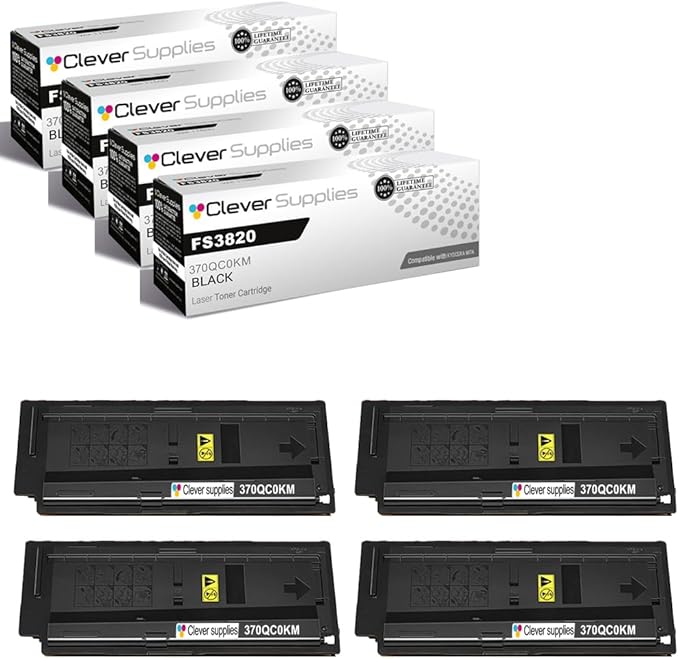 Clever Supplies CS Replacement Compatible with Kyocera FS3820 Toner Cartridge 370QC0KM 370QD0KM to use with FS1920 FS3820N FS3830N (Black, 4-Pack)