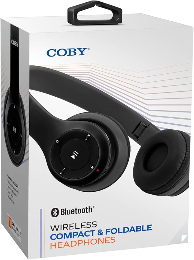 Coby Bluetooth Headphones, Rechargeable and Foldable Over-Ear Headset with Mic, TF Card Slot and AUX Input, Hands-Free Controls, 5-Hour Playback, Micro-USB Cable Included, Black