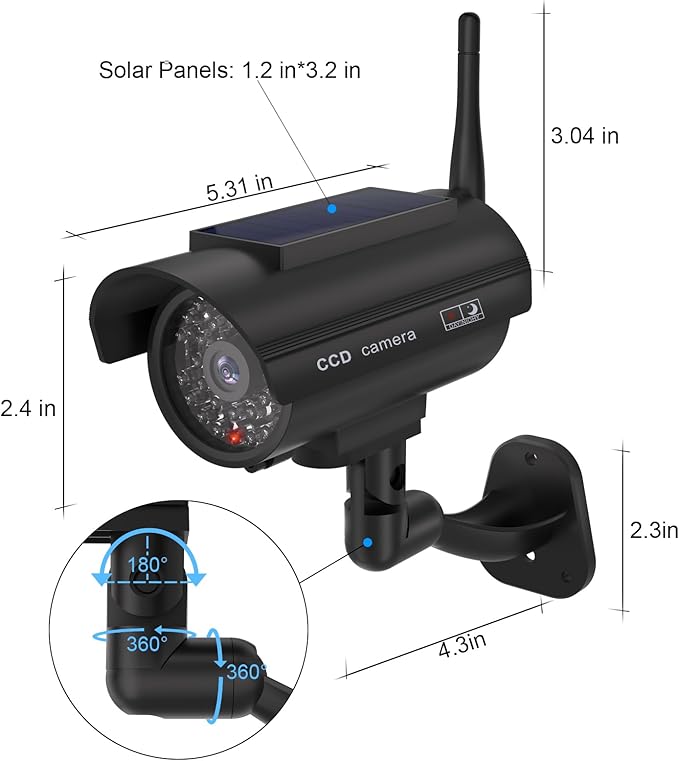 WALI Dummy Fake Camera, Solar Powered Fake Security Camera with LED Light, Simulated Surveillance Security CCTV Dome Cameras with Antenna and Warning Sticker Indoor Outdoor (SOL-TCB4), 4 Packs, Black