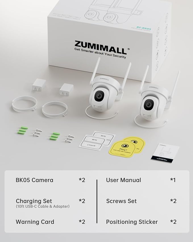 ZUMIMALL 3MP Outdoor Camera Wired 2.4G/5G WiFi - 2-Pack, 24/7 Recording, AI Motion Detection, Cloud & SD Card Storage, 2-Way Audio, PTZ Camera Auto Tracking, Work with Alexa Google
