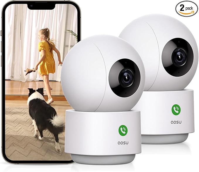 AOSU 2K Security Camera Indoor, Baby Monitor Pet Camera One-Touch Call, Smart Motion Tracking, IR Night Vision, Compatible with Alexa, 2 Pack