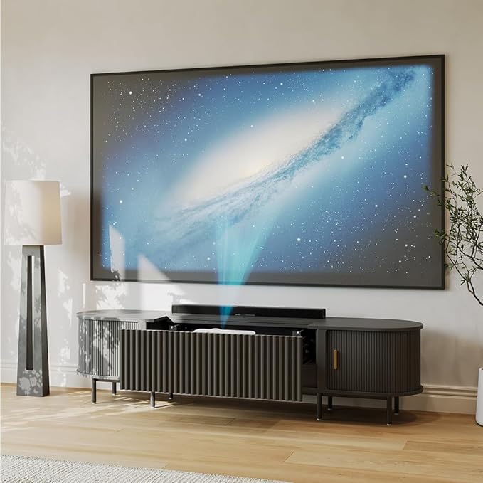 86" Ultra Short Throw Projector Cabinet, Mid-Century Modern Electric TV Stand with Power Featuring Drawer, Linkage Memory Function, Ample Storage Space, and Pet Friendly, Black