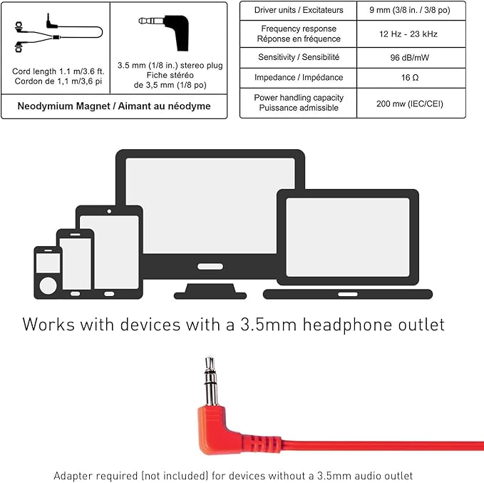 Panasonic ErgoFit Wired Earbuds, in-Ear Headphones with Dynamic Crystal-Clear Sound and Ergonomic Custom-Fit Earpieces (S/M/L),3.5mm Jack for Phones and Laptops, No Mic-RP-HJE120-KB (Matte Black/Red)