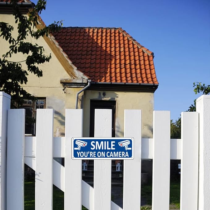 Bagstar (2 Pack) Heavy-duty Metal Smile You're on Camera Sign, 10" x 3.5" Aluminum Video Surveillance Sign, Camera Warning for Home Security, House, Business, Yard, Outdoor