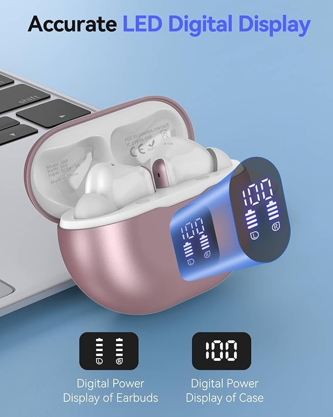 Bluetooth Headphones True Wireless Earbuds 42H Playback LED Power Display Earphones with Charging Case IPX7 Waterproof in-Ear Ear Buds with Mic for Sports, Rose Gold