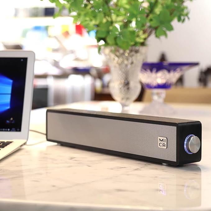 MICA Computer Speakers, Wired Computer Sound Bar, Wooden Mini Soundbar, USB Powered PC Speakers 3.5mm AUX & PC Input (Black)