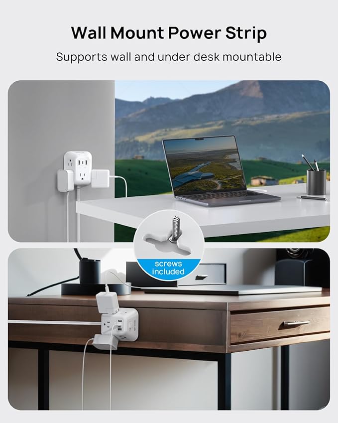 TROND Flat Extension Cord 10ft, Ultra Thin Flat Plug Power Strip, 5 Widely-Spaced AC Outlets and 3 USB Ports, 1440J Surge Protector, 3-Sided Wall Mount for Home Office Dorm Room, White