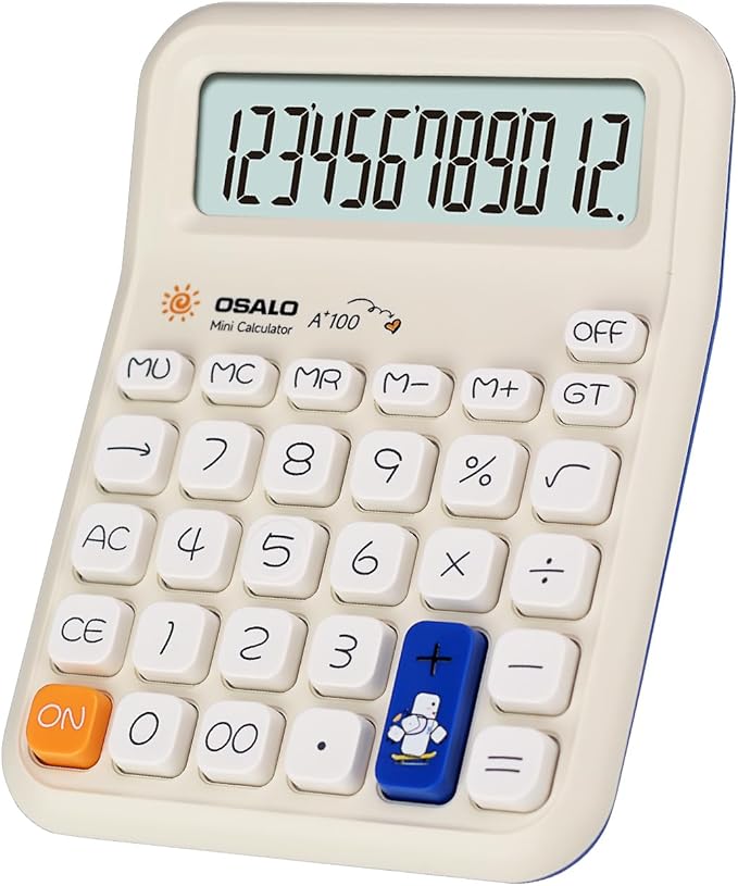 Pendancy Cute Calculator for Kids, Cute Small Calculators Desktop 12 Digit, Basic Function Large LCD Display Big Buttons, for Office, School, Home Use OS-A100 (Blue)