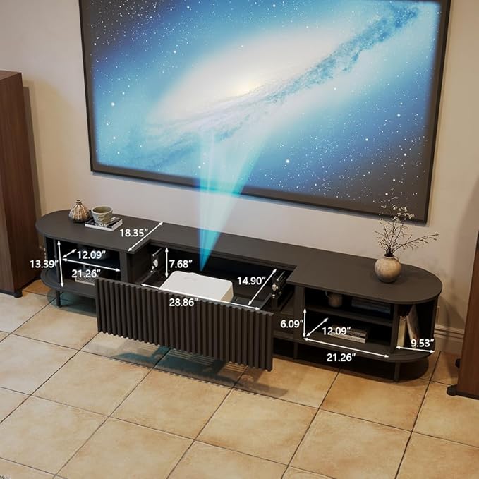 102" Ultra Short Throw Projector TV Stand, Mid-Century Modern Electric Cabinet with Linkage Memory Function and Ample Storage Space, Wood Entertainment Center, Anti-Pinch Design, Black