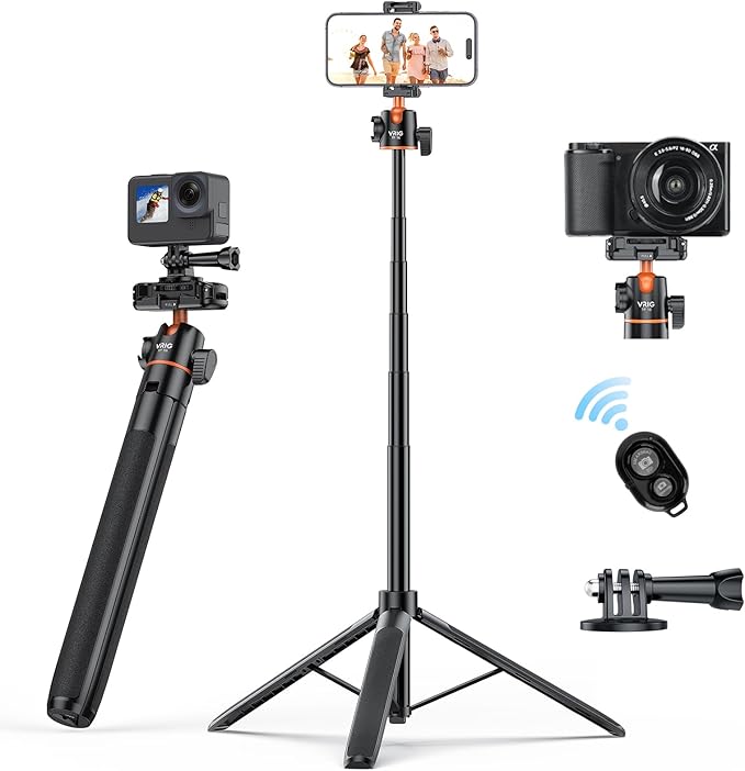 VRIG 57" Extendable Phone Tripod & Camera Tripod,3in1 Selfie Stick with Wireless Remote Shutter,360° Ball Head Cold Shoe Cell Phone Stand for iPhone/Gopro/Nikon Canon Camera