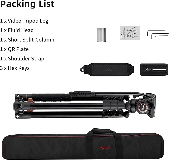 Cayer FP2450 Fluid Head Tripod, 75 inches Aluminium Video Tripod, 4-Section Compact Camera Tripod Monopod with Fluid Head for DSLR Camera, Camcorder, Load Capacity up to 13.2 Pounds