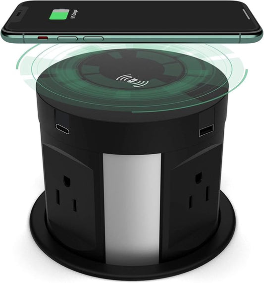 Automatic Pop Up Outlet for Countertop, Recessed Power Strip with 4 AC Outlets, 2 USB A, 2 USB C Pop Up Socket, Wireless Charger Station for Kitchen Conference Workbench, ETL Listed