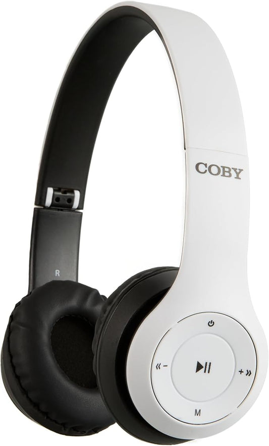 Coby Bluetooth Headphones, Rechargeable and Foldable Over-Ear Headset with Mic, TF Card Slot and AUX Input, Hands-Free Controls, 5-Hour Playback, Micro-USB Cable Included, White