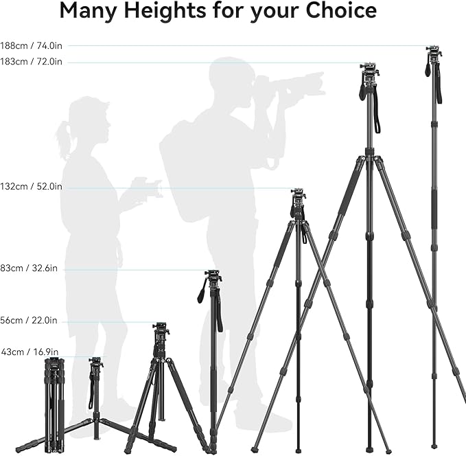 SmallRig CT180 Video Tripod, 72" Camera Tripod Monopod with Fluid Head, Aluminum Camera Tripod, 360° Panorama Fluid Head for Travel, Video, Live Streaming, Vlogging- 3760B