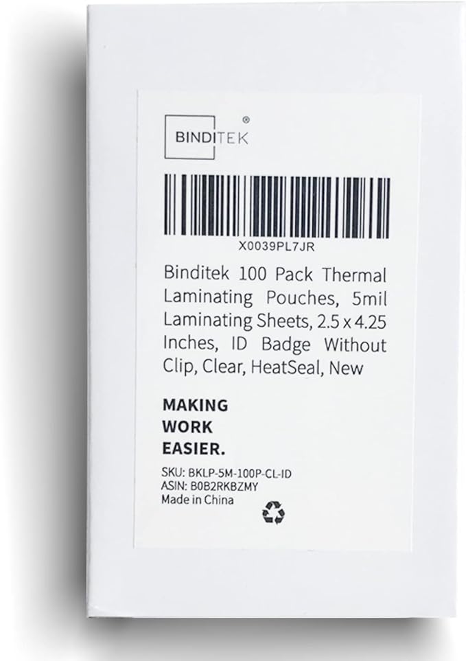Binditek 100 Pack Thermal Laminating Pouches, 5mil Laminating Sheets, 2.5 x 4.25 Inches, ID Badge Without Clip, Ultra Clear, HeatSeal, Glossy, School Office Supplies