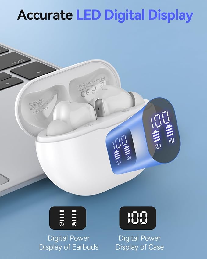 Bluetooth Headphones True Wireless Earbuds 42H Playback LED Power Display Earphones with Charging Case IPX7 Waterproof in-Ear Ear Buds with Mic for Sports, White