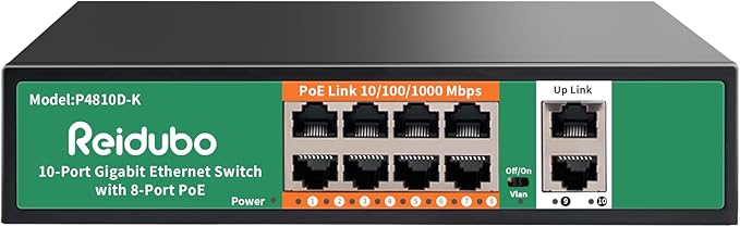 8 Port Gigabit PoE Switch with 2 Gigabit Uplink,1000Mbps PoE Ethernet Unmanaged Network Switch,120W, Plug & Play, VLAN, Suitable for Access Point-AP and PoE Surveillance Camera