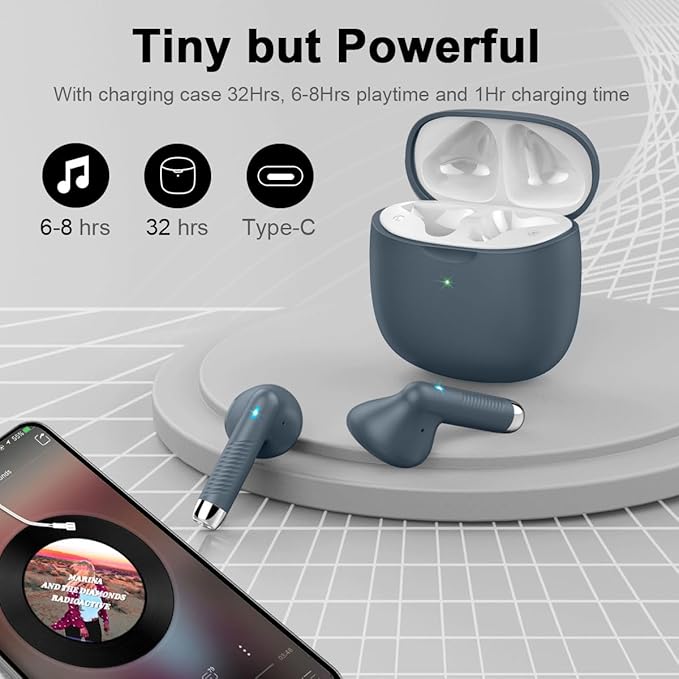 Wireless Earbuds, Bluetooth 5.4 Headphones in Ear with Noise Cancelling Mic, Bluetooth Earbuds Stereo Bass, IP7 Waterproof Sports Earphones, 32H Playtime USB C Charging Ear Buds Gray for Android iOS