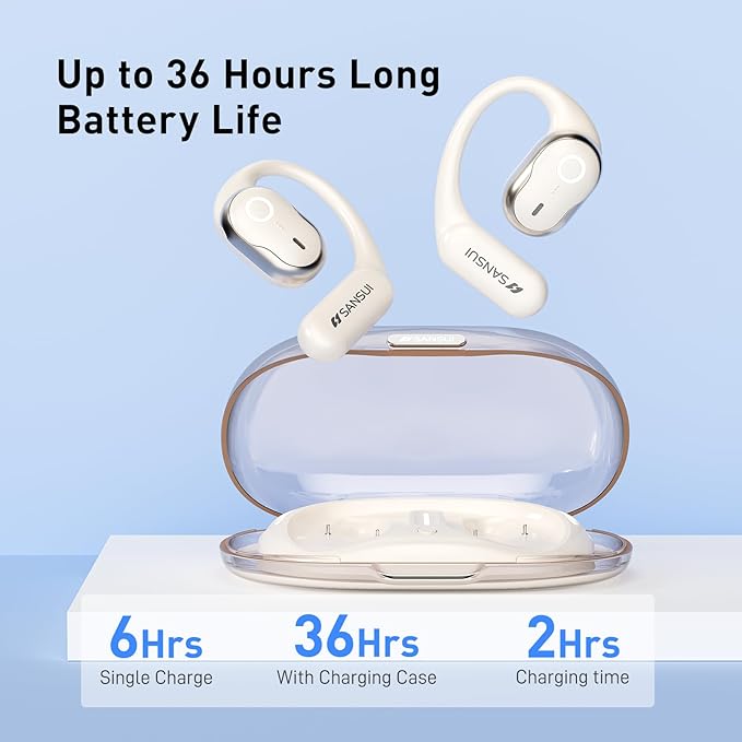 SANSUI W26 Open Ear Headphones,Bluetooth Headphones 5.4 with Ergonomic Earhook,Wireless Earbuds with 48 Hours of Playtime,Lightweight Sports Headphones for Business and Travel,White