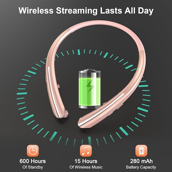 Bluetooth 5.0 Neckband Bluetooth Headphone, Sweat Resistant Noise Cancelling Stereo Headphones, and Retractable Ear Tips for Music, Conference, Videos（Rose Gold）