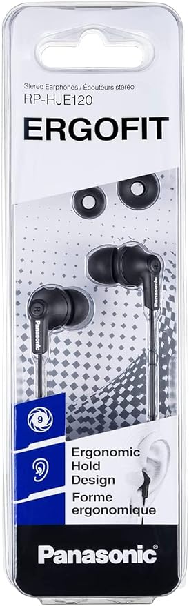 Panasonic ErgoFit Wired Earbuds, 3.5mm Jack In-Ear Headphones with Dynamic Crystal-Clear Sound and Soft Ergonomic Custom-Fit Earpieces (S/M/L), for Phones and Laptops - RP-HJE120-KA (Matte Black)
