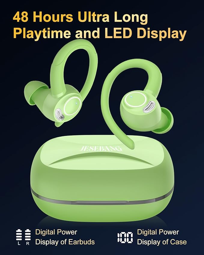 Wireless Earbuds, Bluetooth 5.4 Headphones Sport, Over Ear Buds With ENC Noise Cancelling Mic, 48H, Wireless Earphone With Earhooks, Stereo Deep Bass, IP7 Waterproof ear bud for Workout Running, Green