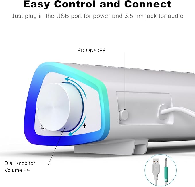 SOULION R30 Computer Speakers, USB Powered 3.5mm AUX Small PC Speakers, Colorful LED Lights with Switch Button, Surround Sound Portable Computer Sound Bar Speaker for Desktop Laptop White