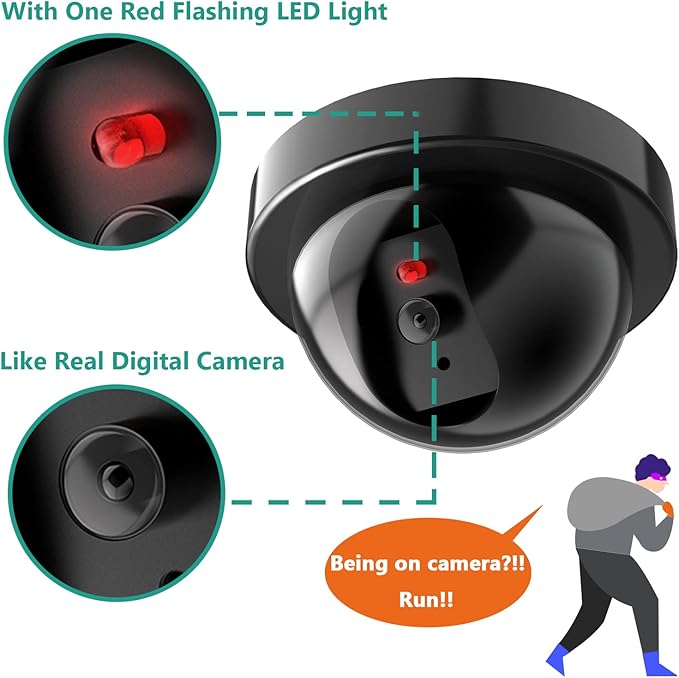 WALI Dummy Fake Security CCTV Dome Camera with Flashing Red LED Light with Security Alert Sticker Decals (SD-1), Black