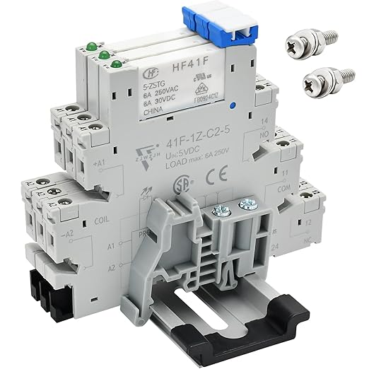 3 Pcs Miniature 5 Volt DC Relay HF41F/5-ZS 5 Pin 1NO 1NC 6A SPDT with LED Indicator, Socket Base and DIN Rail Module