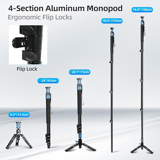 SIRUI AM-404FL Camera Monopod with Feet, 74.8 Inch Aluminum Video Monopod with Removable Base, Slim and Lightweight, Max Load 26.4lbs, 360°Panorama Panning, 4-Section for Canon Nikon Sony