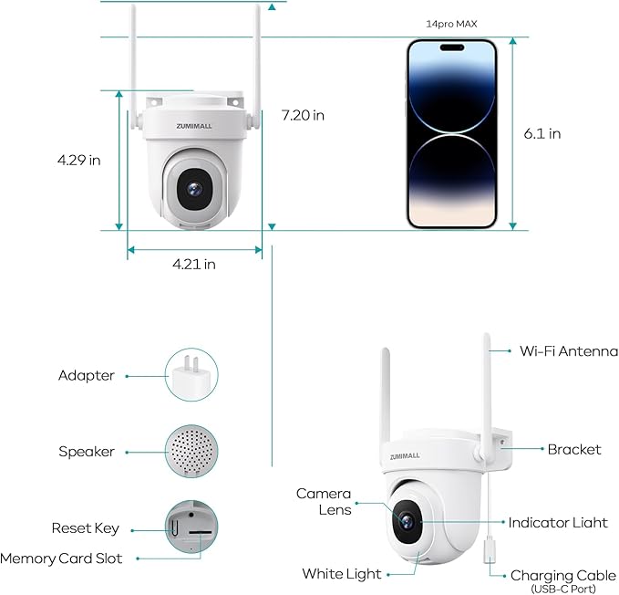 ZUMIMALL 5MP Outdoor Camera Wireless 2-Pack - 24/7 Recording Wired Power, Support 5GHz WiFi | Motion & Noise Detection, 360° PTZ Auto Tracking, Color Night Vision | IP66, Alexa Google Compatible