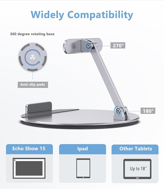 Almoz Swivel and Tilt Stand for Echo Show 15, Aluminum Stand for Show 15.6" Smart Display and Up to 18" iPad/Tablets, with 360 Degree Rotating Base, Viewing Angle Adjustable, No Need Mounting